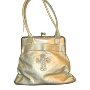 Vintage Gold Metallic Kisslock handbag built in wallet slots Cross Embellished